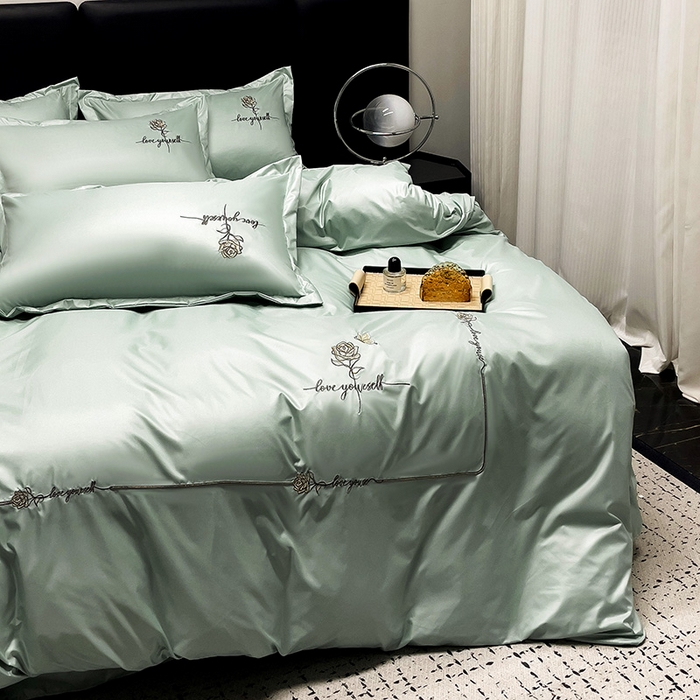 91家纺网 家纺一手货源 找家纺 宜家坊 2024春夏新品水洗天丝棉轻奢刺绣四件套水洗真丝冰丝-芸伊 绿