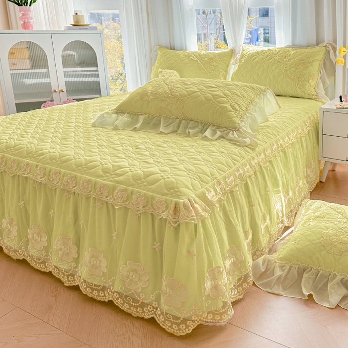 91家纺网 家纺一手货源 找家纺 罗艺轩 2024新款公主风水洗棉夹棉单床裙-浪漫满屋床 浪漫满屋-元气绿