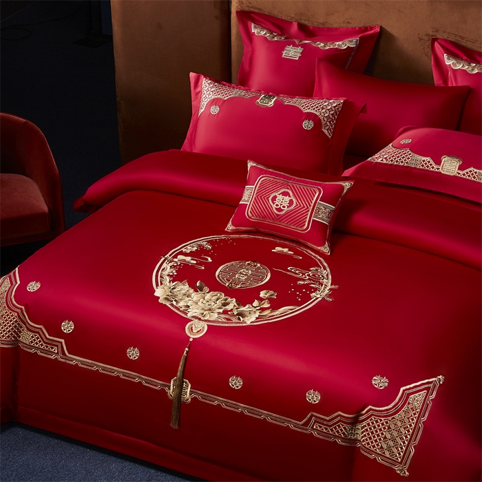 91家纺网 家纺一手货源 找家纺 高大尚婚庆馆 2025新款60s长绒棉轻奢（床裙款）婚庆四件套 美满团圆（金）