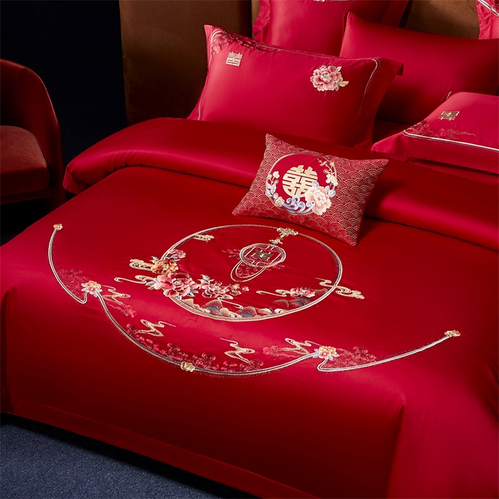 91家纺网 家纺一手货源 找家纺 高大尚婚庆馆 2025新款60s长绒棉轻奢（床裙款）婚庆四件套 为爱盛开