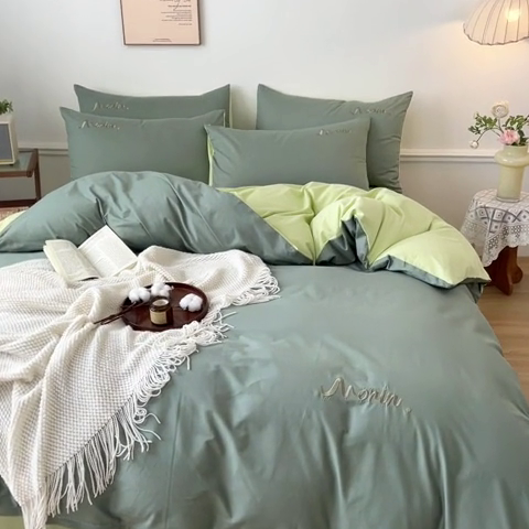 91家纺网 家纺一手货源 找家纺 多品家纺 2024新款全棉纯色双拼刺绣四件套 灰绿奶绿