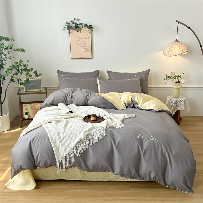 91家纺网 家纺一手货源 找家纺 多品家纺 2024新款全棉纯色双拼刺绣四件套 绅士灰米黄