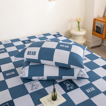 鸣升 新款舒适透气100%全棉老粗布枕套 巴比熊（兰）