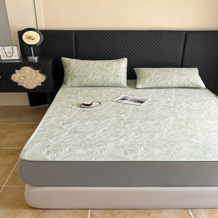 91家纺网 家纺一手货源 找家纺 慕尚家纺 2025新款提花席床笠款 床笠-羽毛纷飞绿