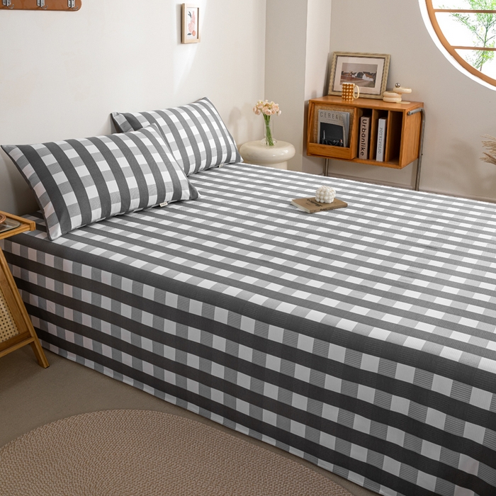 91家纺网 家纺一手货源 找家纺 鸣升 新款舒适透气100%全棉老粗布床单 黑小格