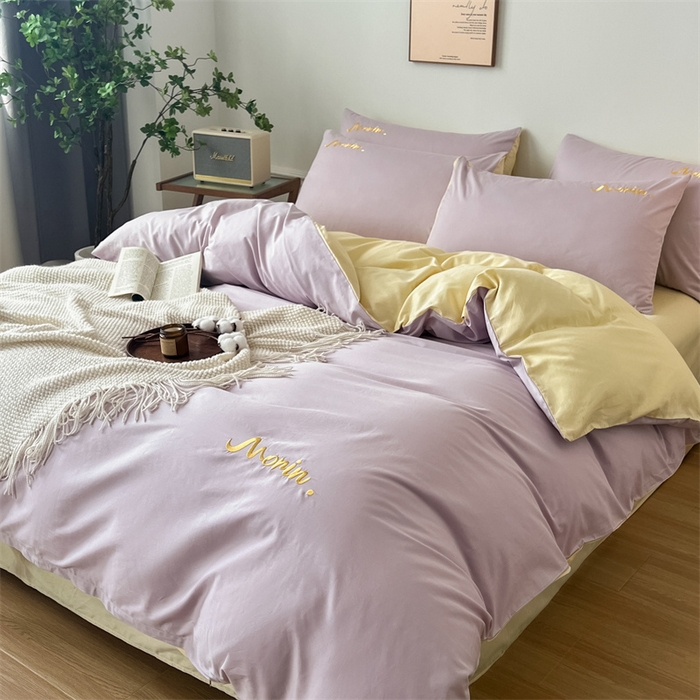91家纺网 家纺一手货源 找家纺 多品家纺 2024新款全棉纯色双拼刺绣四件套 魅力紫米黄