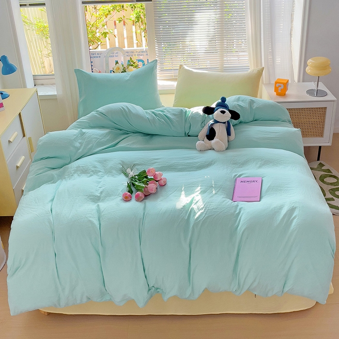 91家纺网 家纺一手货源 找家纺 艾特你 2024新款A类水洗棉被套纯色被套单被套素色被套 混搭-水绿黄