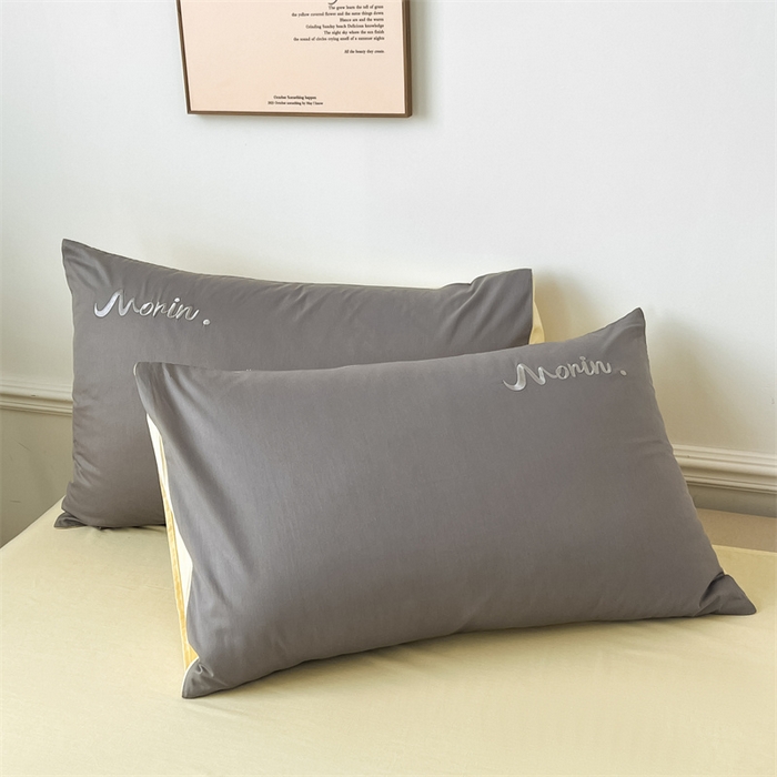 91家纺网 家纺一手货源 找家纺 多品家纺 2024新款全棉纯色双拼刺绣四件套 绅士灰米黄