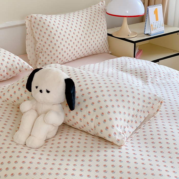 91家纺网 家纺一手货源 找家纺 萝莉家纺2025新款全棉双层皱皱纱四件套 粉小花