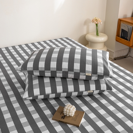 鸣升 新款舒适透气100%全棉老粗布枕套 黑小格