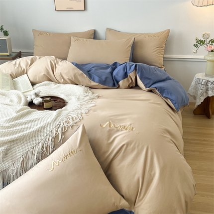 多品家纺 2024新款全棉纯色双拼刺绣四件套 浅驼宝石蓝