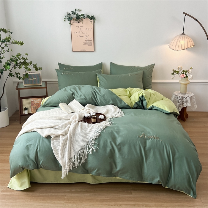 91家纺网 家纺一手货源 找家纺 多品家纺 2024新款全棉纯色双拼刺绣四件套 灰绿奶绿