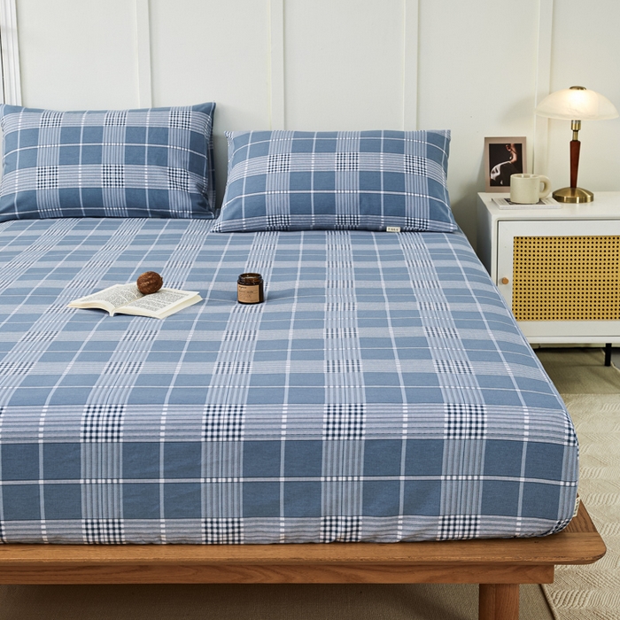 91家纺网 家纺一手货源 找家纺 鸣升 新款舒适透气全棉老粗布床笠 蓝条格