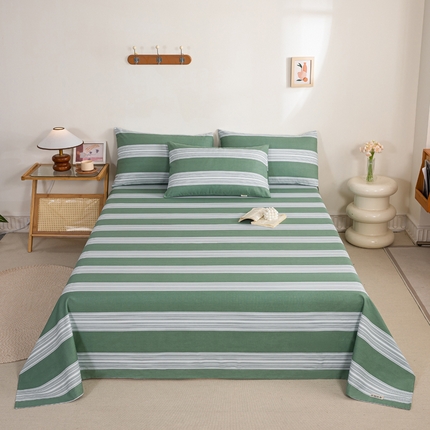 鸣升 2024新款舒适透气100%全棉老粗布床单 条纹绿