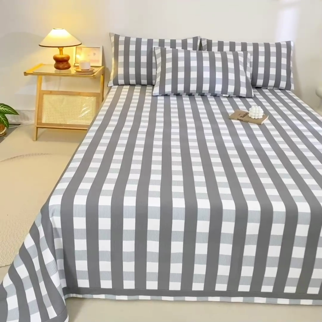 91家纺网 家纺一手货源 找家纺 鸣升 新款舒适透气100%全棉老粗布床单 黑小格