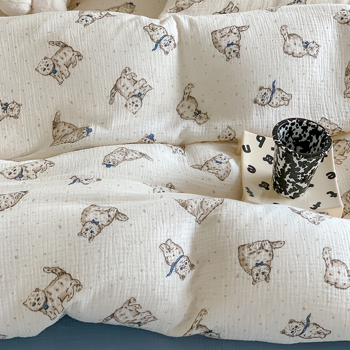 91家纺网 家纺一手货源 找家纺 萝莉家纺2025新款全棉双层皱皱纱四件套 猫咪