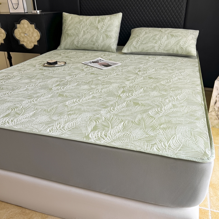 91家纺网 家纺一手货源 找家纺 慕尚家纺 2025新款提花席床笠款 床笠-羽毛纷飞绿