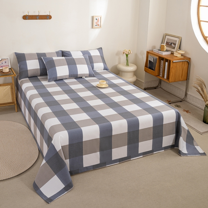 91家纺网 家纺一手货源 找家纺 鸣升 新款舒适透气100%全棉老粗布床单 蓝大格