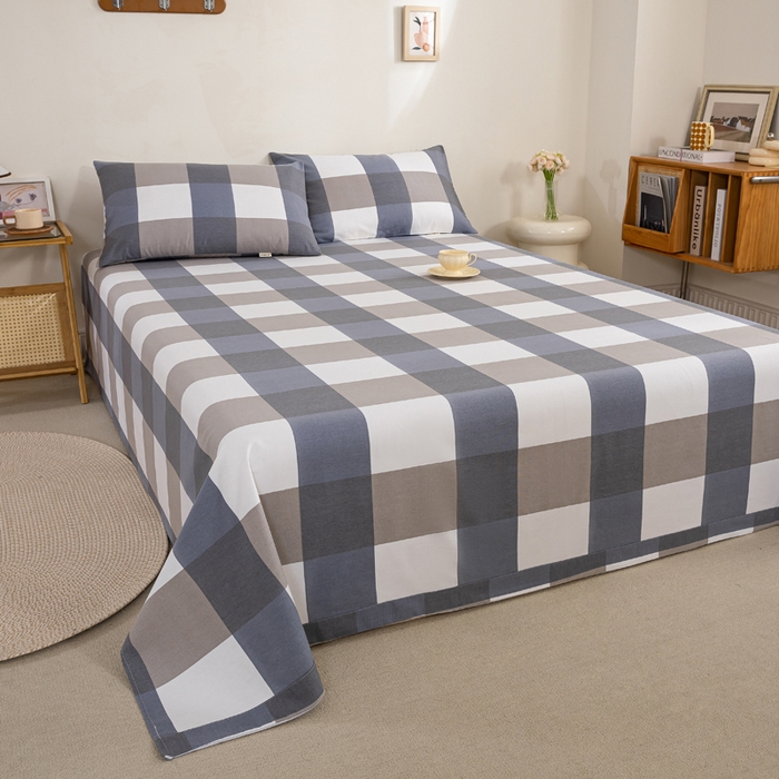 91家纺网 家纺一手货源 找家纺 鸣升 新款舒适透气100%全棉老粗布床单 蓝大格