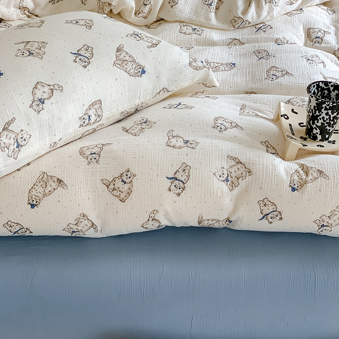 91家纺网 家纺一手货源 找家纺 萝莉家纺2025新款全棉双层皱皱纱四件套 猫咪