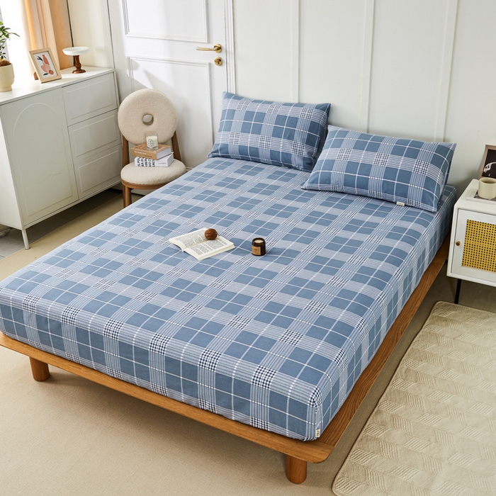 91家纺网 家纺一手货源 找家纺 鸣升 新款舒适透气全棉老粗布床笠 蓝条格