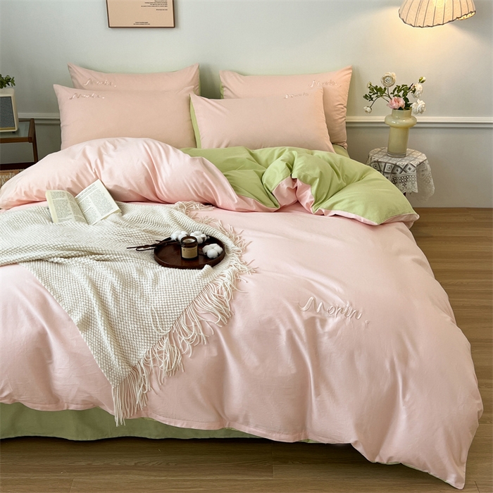 91家纺网 家纺一手货源 找家纺 多品家纺 2024新款全棉纯色双拼刺绣四件套 白玉奶绿