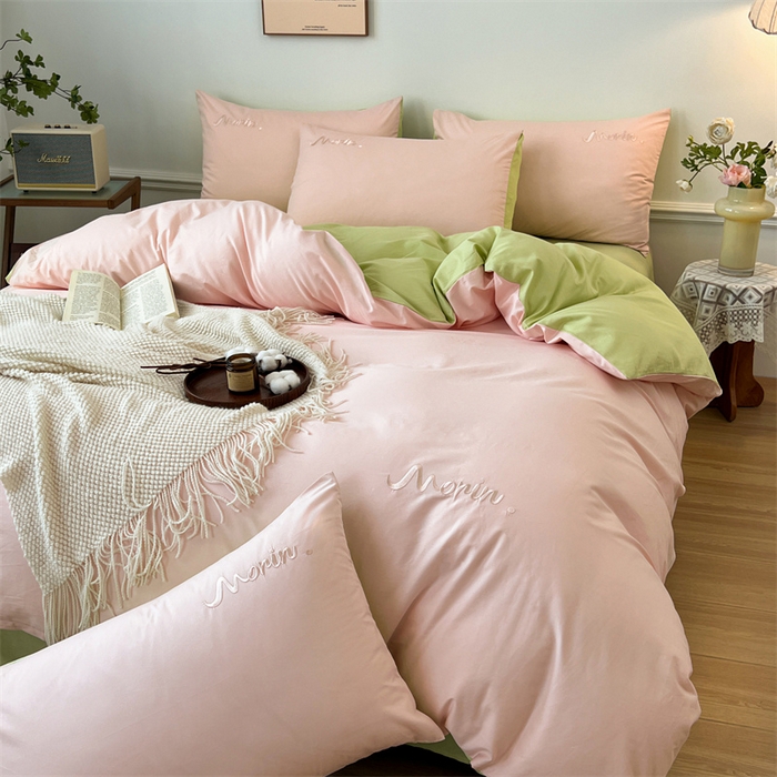 91家纺网 家纺一手货源 找家纺 多品家纺 2024新款全棉纯色双拼刺绣四件套 白玉奶绿