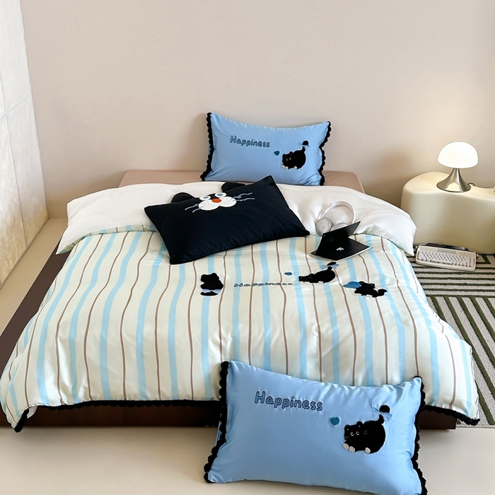 91家纺网 家纺一手货源 找家纺 黛舒家居 2024新款天丝条纹款四件套 黑色猫咪