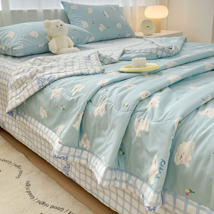 91家纺网 家纺一手货源 找家纺 金丝鸟家纺 2024新款全棉棉花夏被四件套 婴儿蓝汪