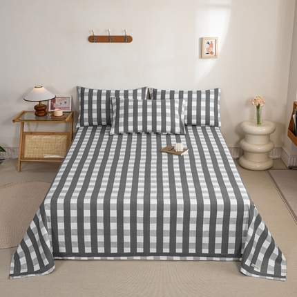 鸣升 新款舒适透气100%全棉老粗布床单 黑小格