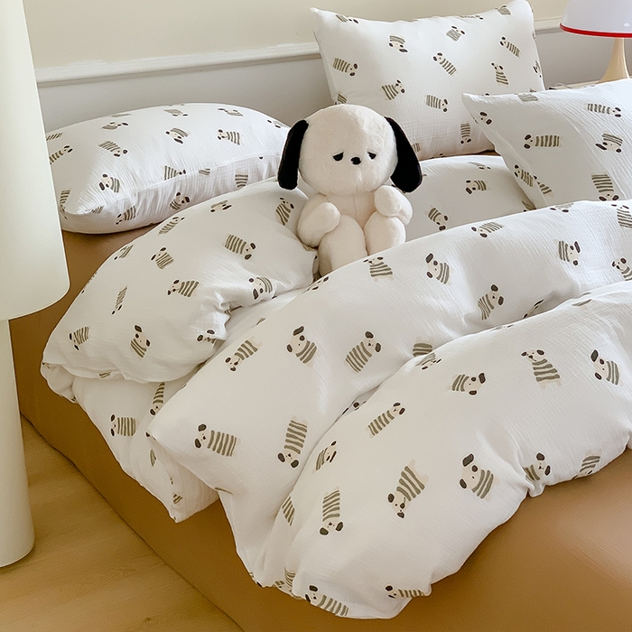 91家纺网 家纺一手货源 找家纺 萝莉家纺2025新款全棉双层皱皱纱四件套 可爱狗