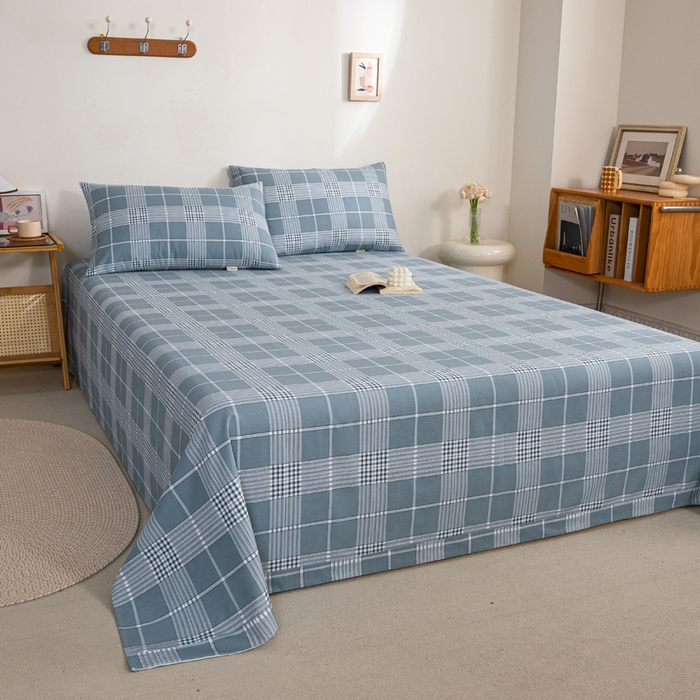 91家纺网 家纺一手货源 找家纺 鸣升 新款舒适透气100%全棉老粗布床单 蓝条格