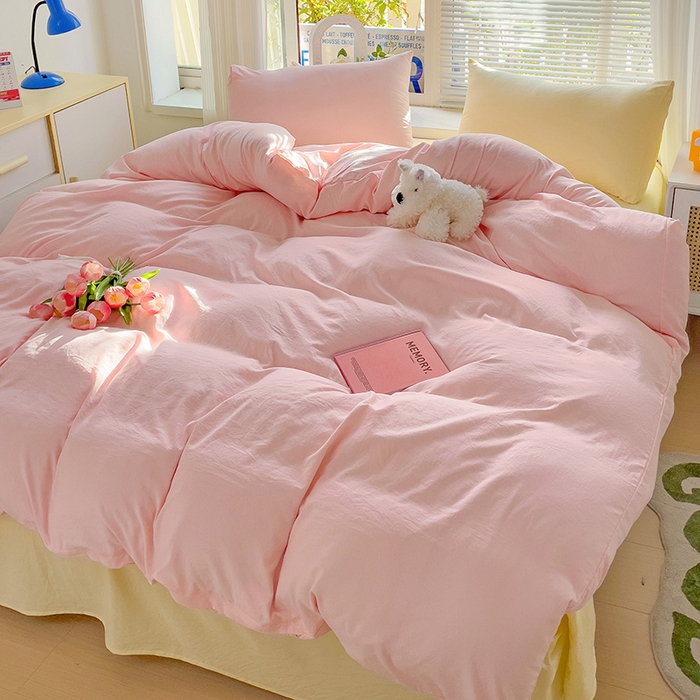 91家纺网 家纺一手货源 找家纺 艾特你 2024新款A类水洗棉被套纯色被套单被套素色被套 混搭-粉黄