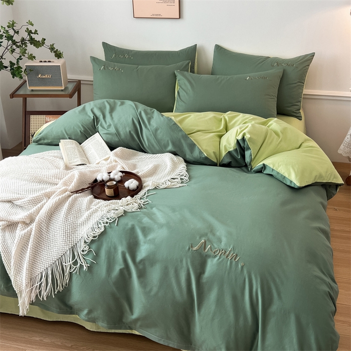 91家纺网 家纺一手货源 找家纺 多品家纺 2024新款全棉纯色双拼刺绣四件套 灰绿奶绿