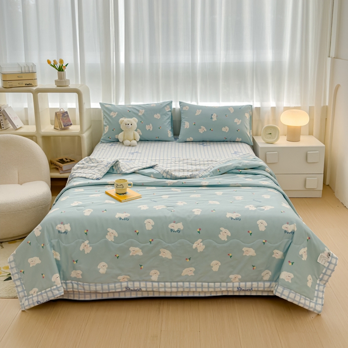 91家纺网 家纺一手货源 找家纺 金丝鸟家纺 2024新款全棉棉花夏被四件套 婴儿蓝汪