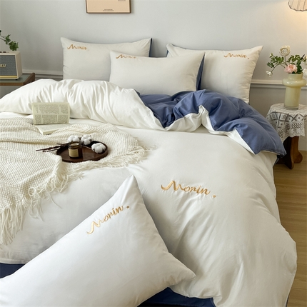 多品家纺 2024新款全棉纯色双拼刺绣四件套 奶白宝石蓝