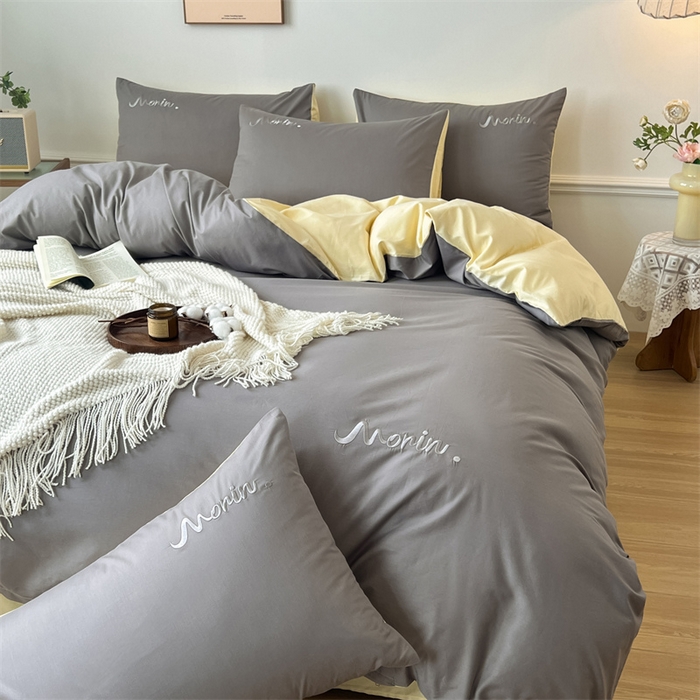 91家纺网 家纺一手货源 找家纺 多品家纺 2024新款全棉纯色双拼刺绣四件套 绅士灰米黄