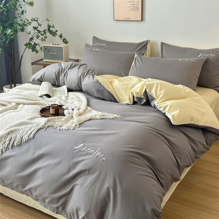 91家纺网 家纺一手货源 找家纺 多品家纺 2024新款全棉纯色双拼刺绣四件套 绅士灰米黄