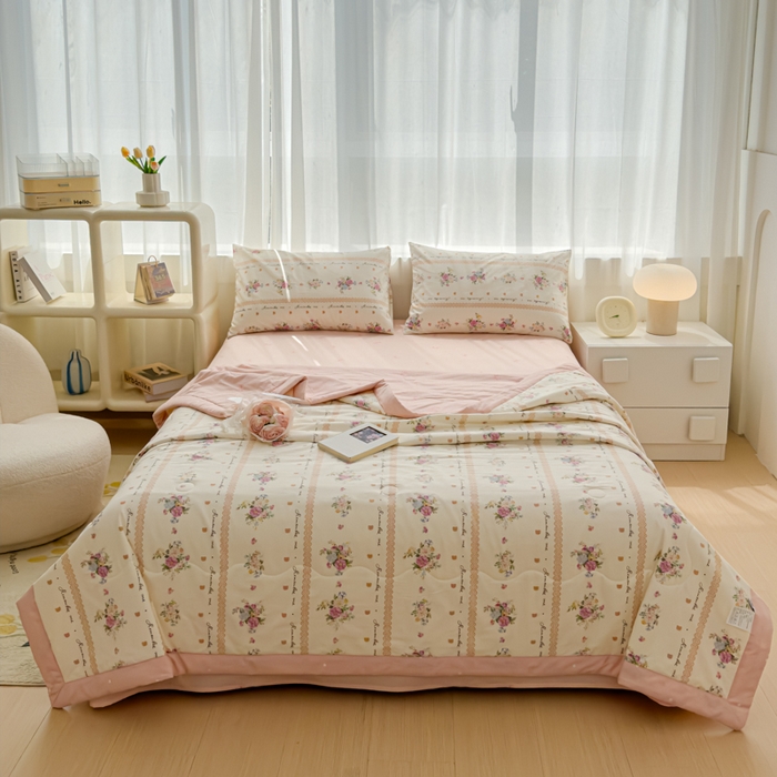 91家纺网 家纺一手货源 找家纺 金丝鸟家纺 2024新款全棉棉花夏被四件套 法式花团