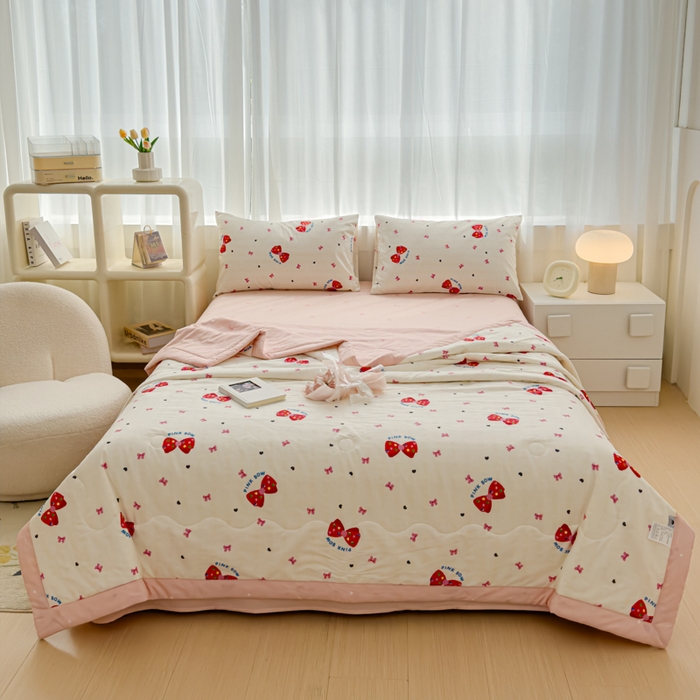 91家纺网 家纺一手货源 找家纺 金丝鸟家纺 2024新款全棉棉花夏被四件套 甜心蝴蝶结