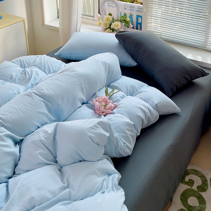 91家纺网 家纺一手货源 找家纺 艾特你 2024新款A类ins风水洗棉四件套纯色四件套混搭素色四件套 混搭-浅蓝深灰