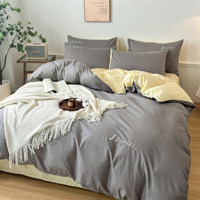 91家纺网 家纺一手货源 找家纺 多品家纺 2024新款全棉纯色双拼刺绣四件套 绅士灰米黄