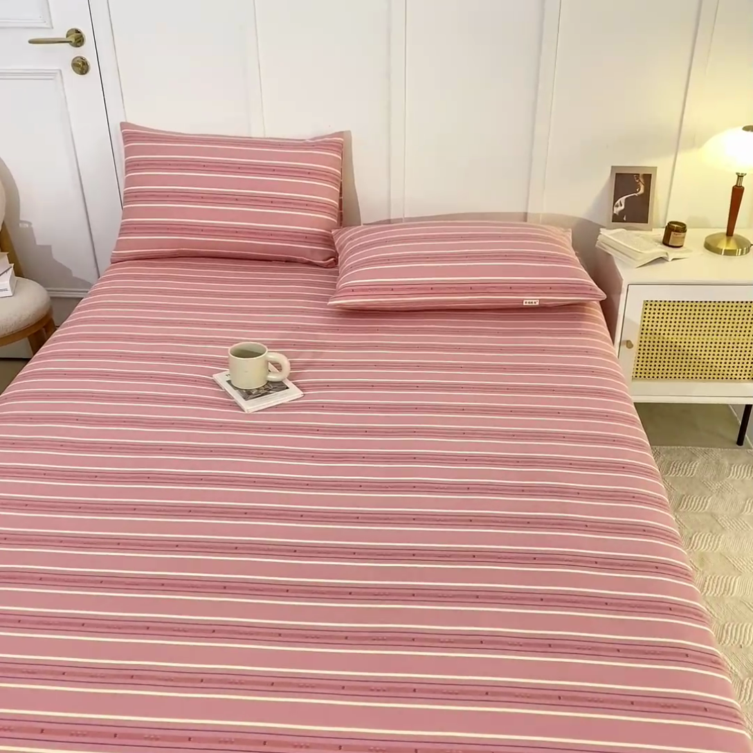 91家纺网 家纺一手货源 找家纺 鸣升 新款舒适透气全棉老粗布床笠 北野-粉