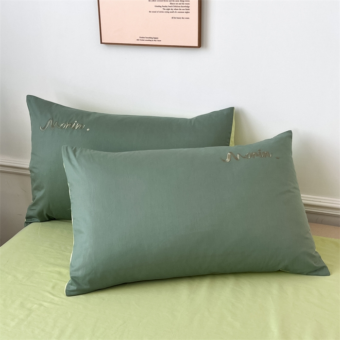 91家纺网 家纺一手货源 找家纺 多品家纺 2024新款全棉纯色双拼刺绣四件套 灰绿奶绿