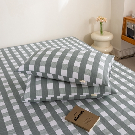 鸣升 新款舒适透气100%全棉老粗布枕套 灰中格