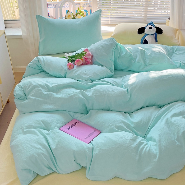 91家纺网 家纺一手货源 找家纺 艾特你 2024新款A类水洗棉被套纯色被套单被套素色被套 混搭-水绿黄