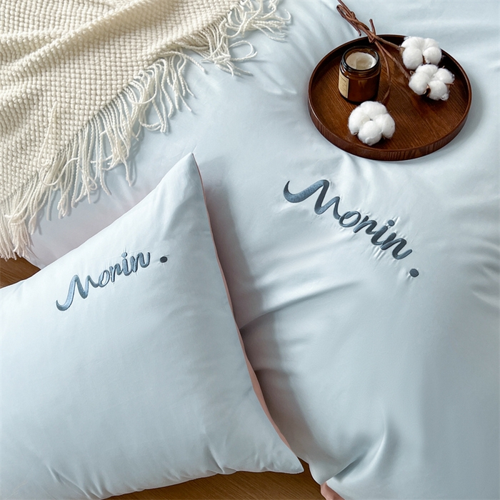 91家纺网 家纺一手货源 找家纺 多品家纺 2024新款全棉纯色双拼刺绣四件套 浅蓝水粉