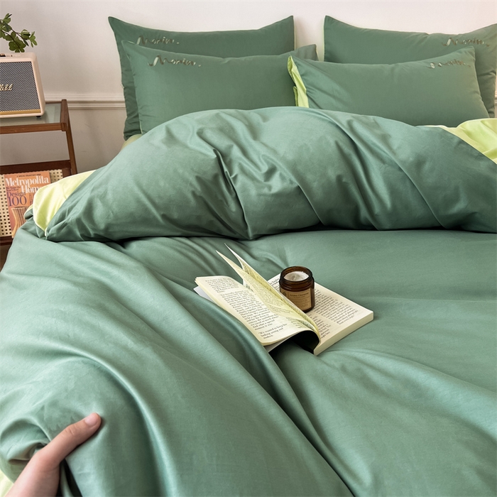 91家纺网 家纺一手货源 找家纺 多品家纺 2024新款全棉纯色双拼刺绣四件套 灰绿奶绿