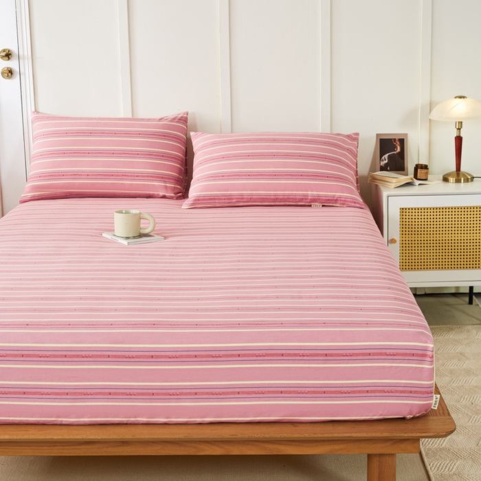 91家纺网 家纺一手货源 找家纺 鸣升 新款舒适透气全棉老粗布床笠 北野-粉