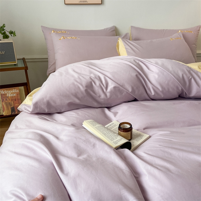 91家纺网 家纺一手货源 找家纺 多品家纺 2024新款全棉纯色双拼刺绣四件套 魅力紫米黄